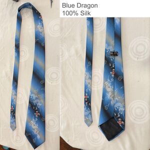 100% Silk Vintage Asian Neckties, Blue Dragon